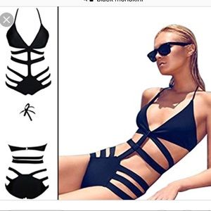 Women black strappy cutout Monokini